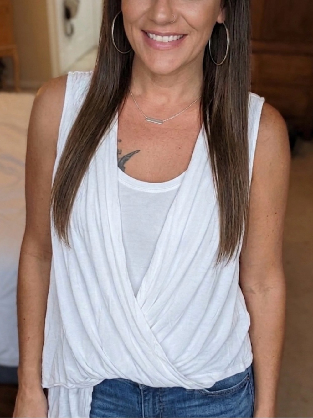 BCBGMaxAzria White Draped Wrap-Front Tank